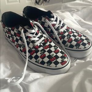 Women’s Vans Black and White Checkerboard Cherry Sneakers